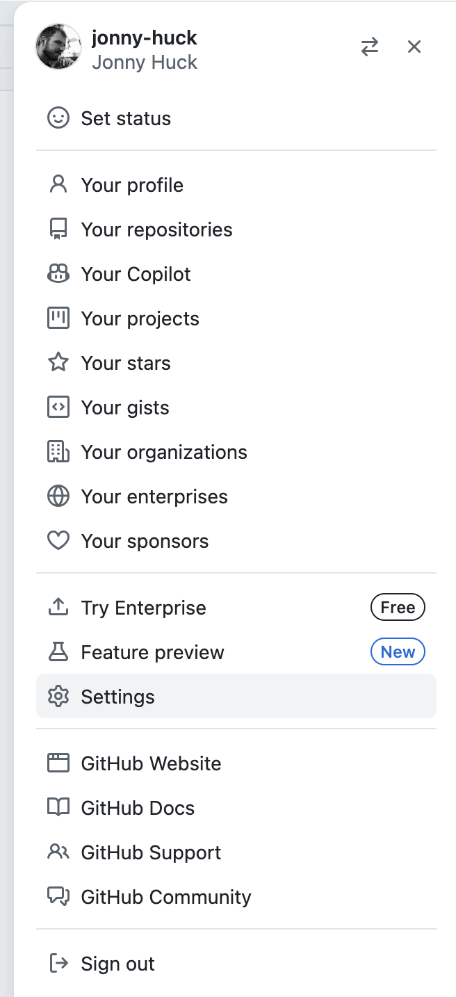 github settings screenshot