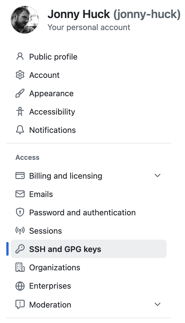 github ssh settings screenshot